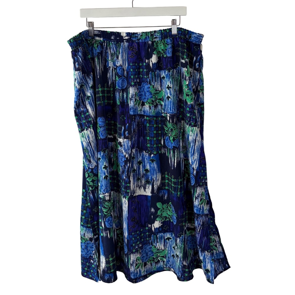 Vintage Kensington Square Blue Floral Abstract Midi Skirt Elastic Waist USA